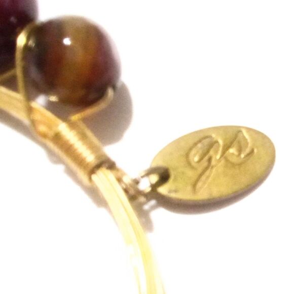 Signed GS Faceted Agate Beaded Gold Tone Wire Work Bangle Bracelet - Picture 2 of 4